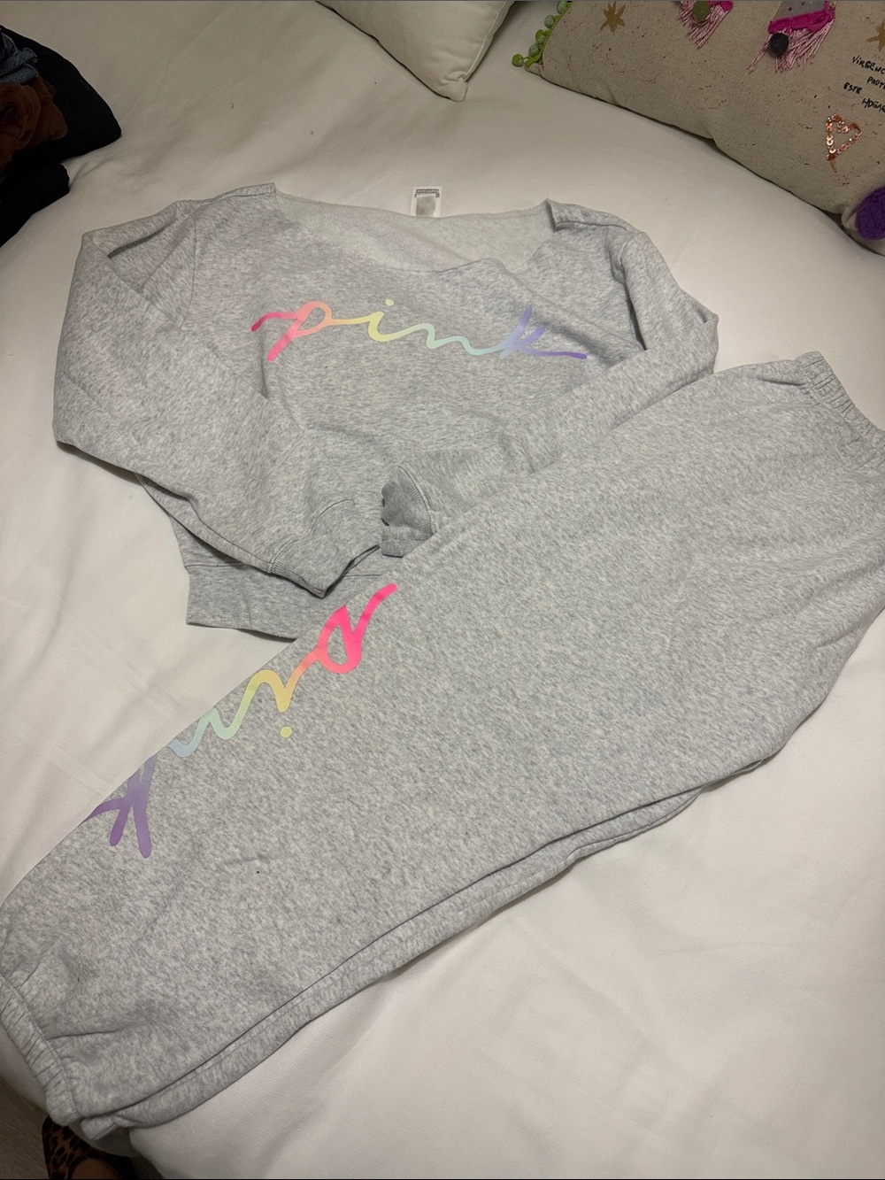 PINK Victoria's Secret Girls' Light Gray Sweat Set with Pastel Rainbow Logo